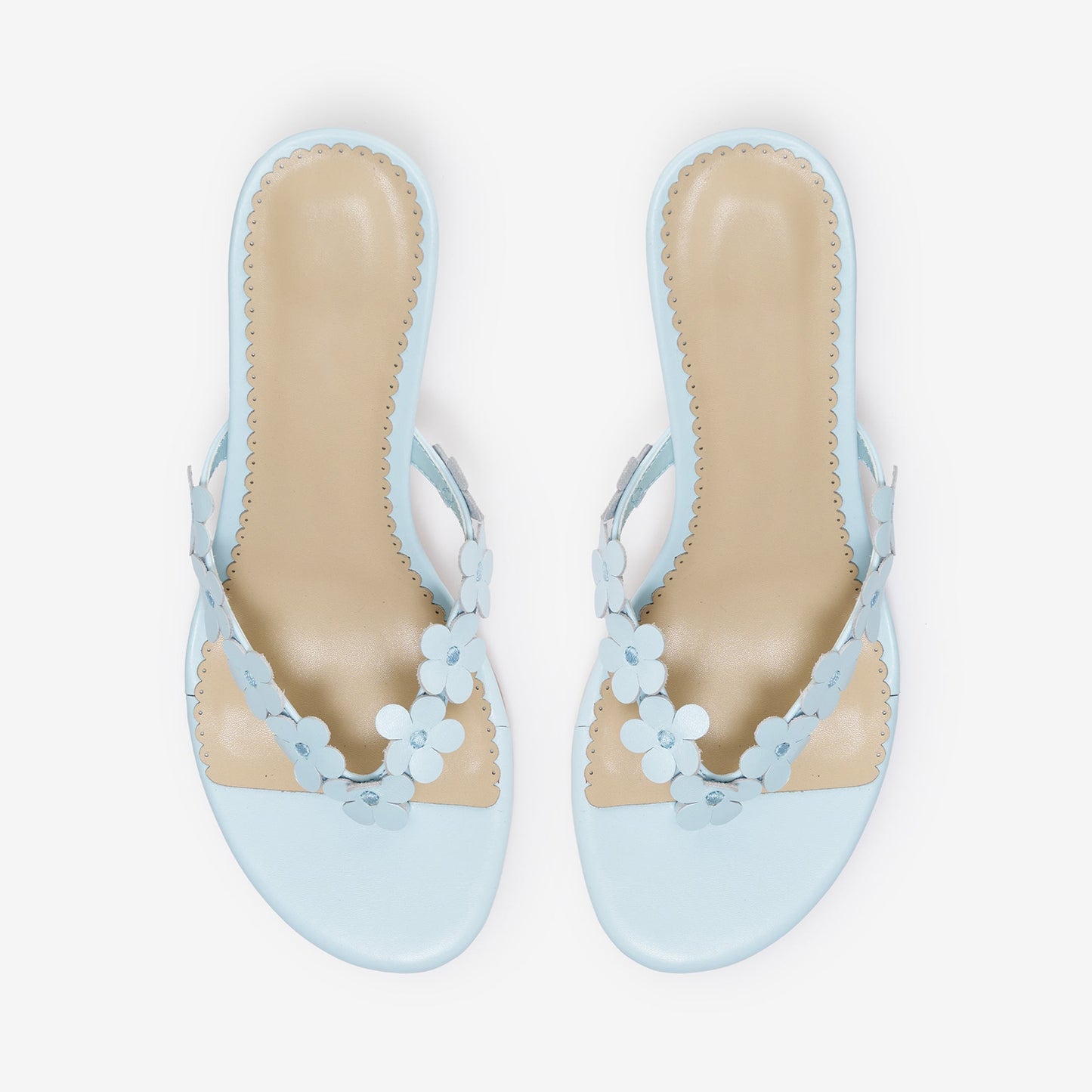 Sky Blue Square-Toe Floral Applique Flip-Flop Chic Kitten Heels