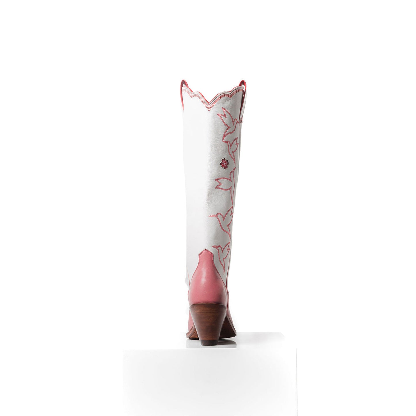 Contrast White And Pink Snip-Toe Birds Embroidery Flowers Inlay Wide Calf Knee High Cowgirl Boots