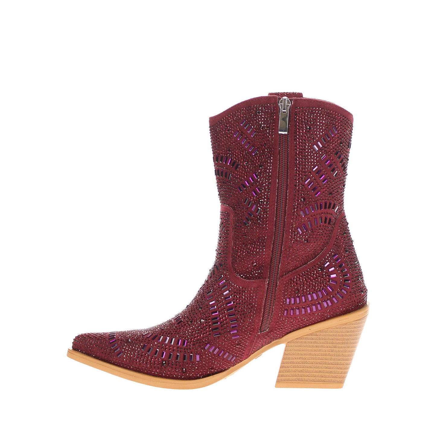 Maroon Faux Suede Pointed-Toe Full Crystals Full-Zip Ankle Cowgirl Boots