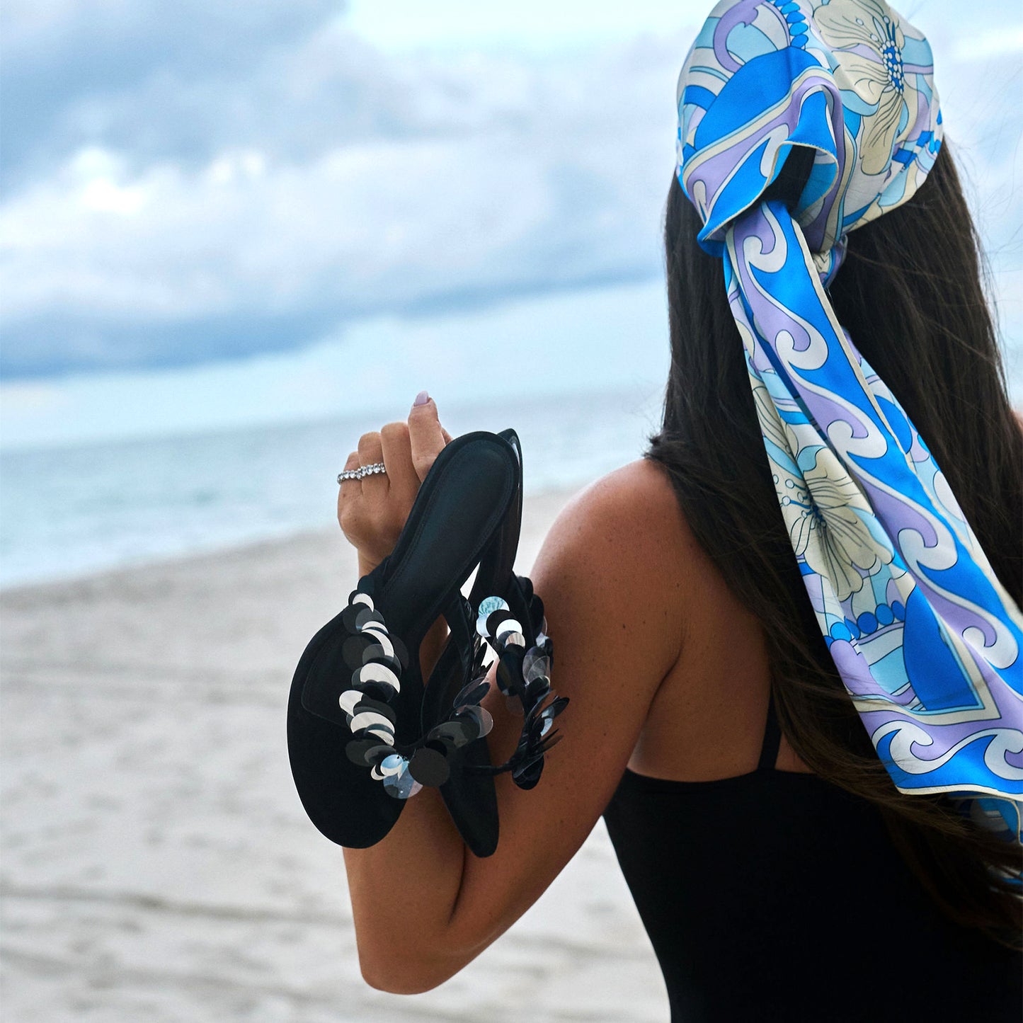 Black Sequin Faux Suede Round-Toe Backless Kitten Heels