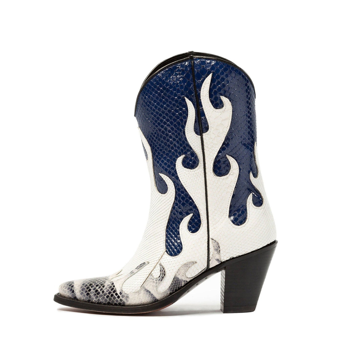 Contrast Colors Snakeskin Print Pointed-Toe Flame Appliques Ankle Cowgirl Boots