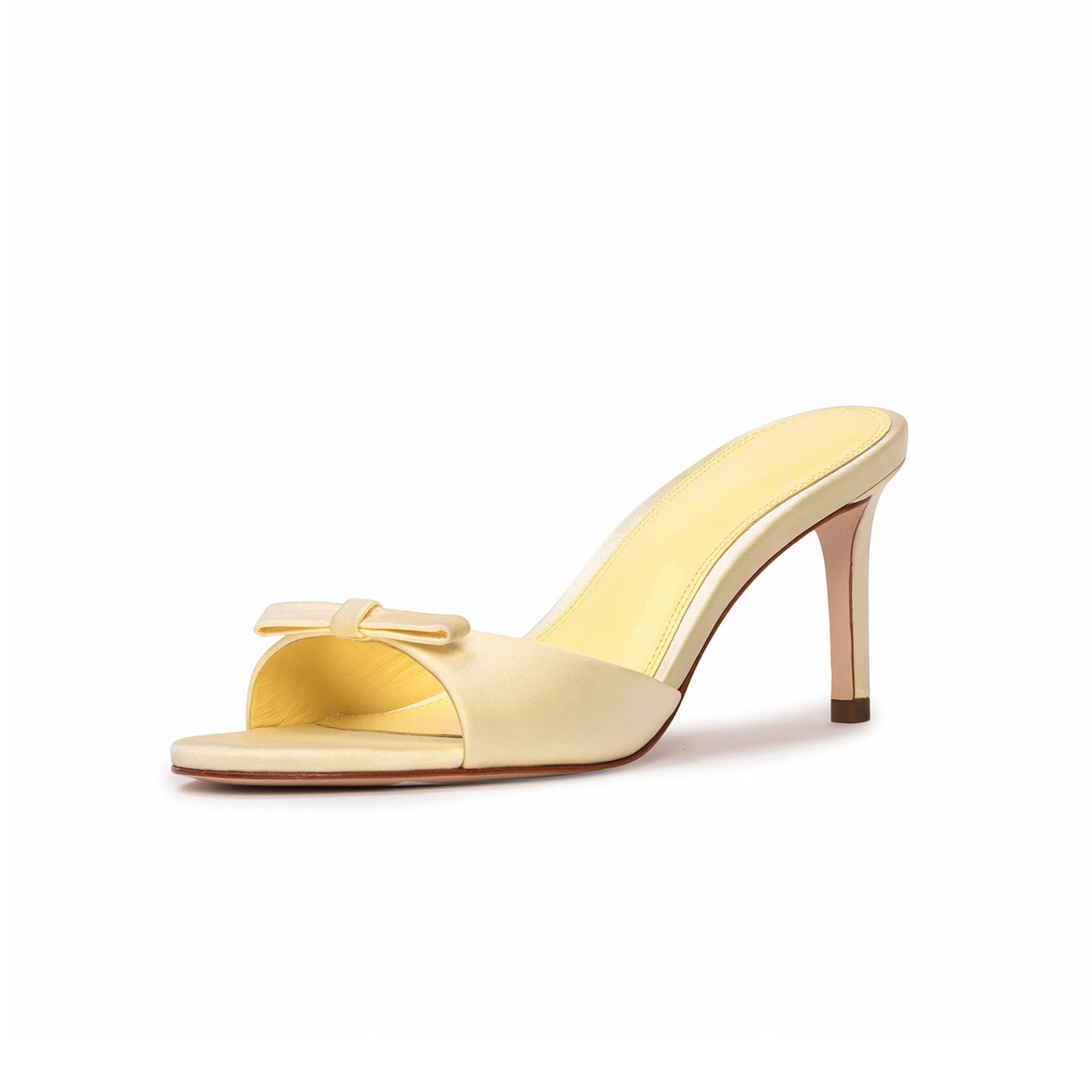 Yellow Satin Round-Toe Front-Bow Backless Kitten Heels