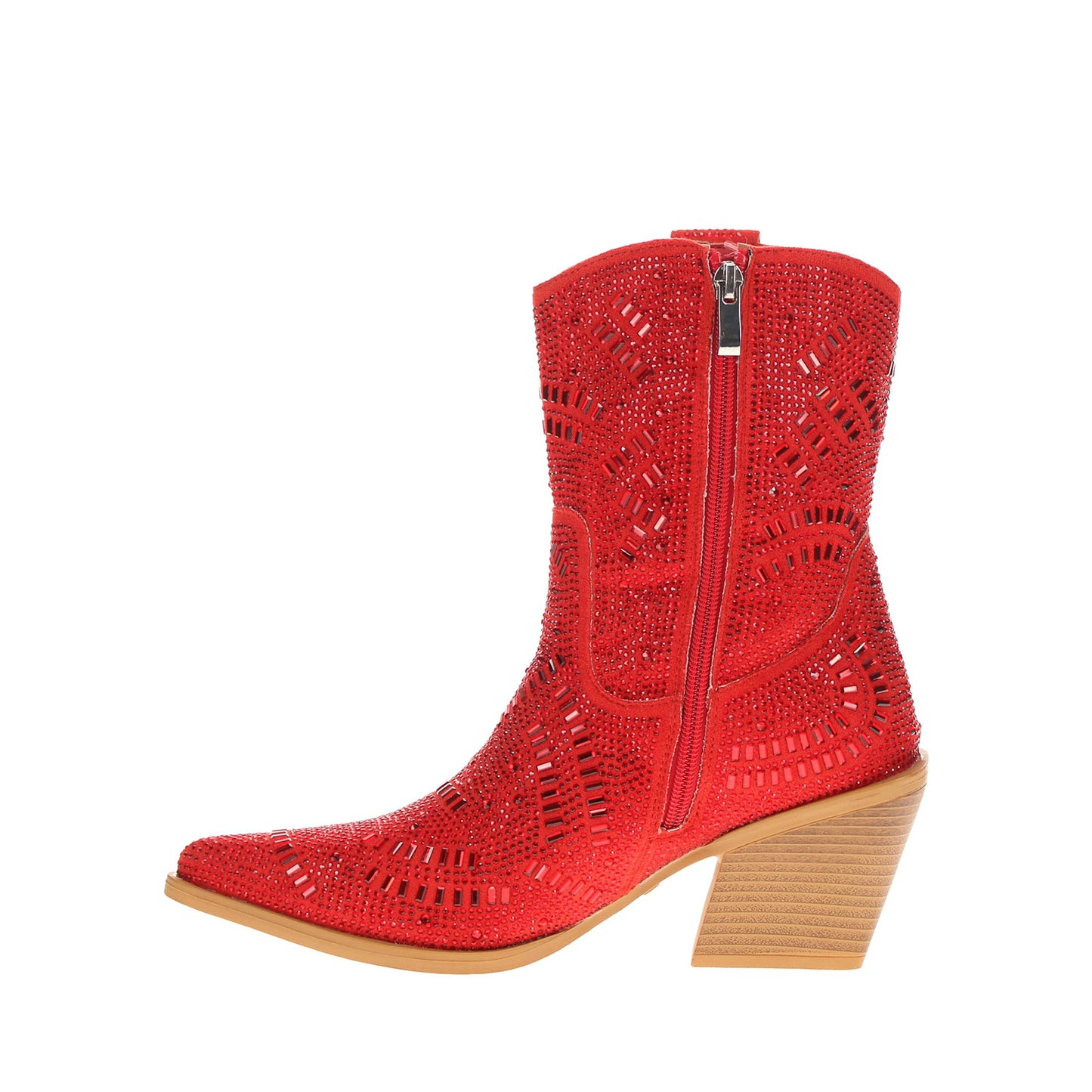 Red Faux Suede Pointed-Toe Full Crystals Full-Zip Ankle Cowgirl Boots