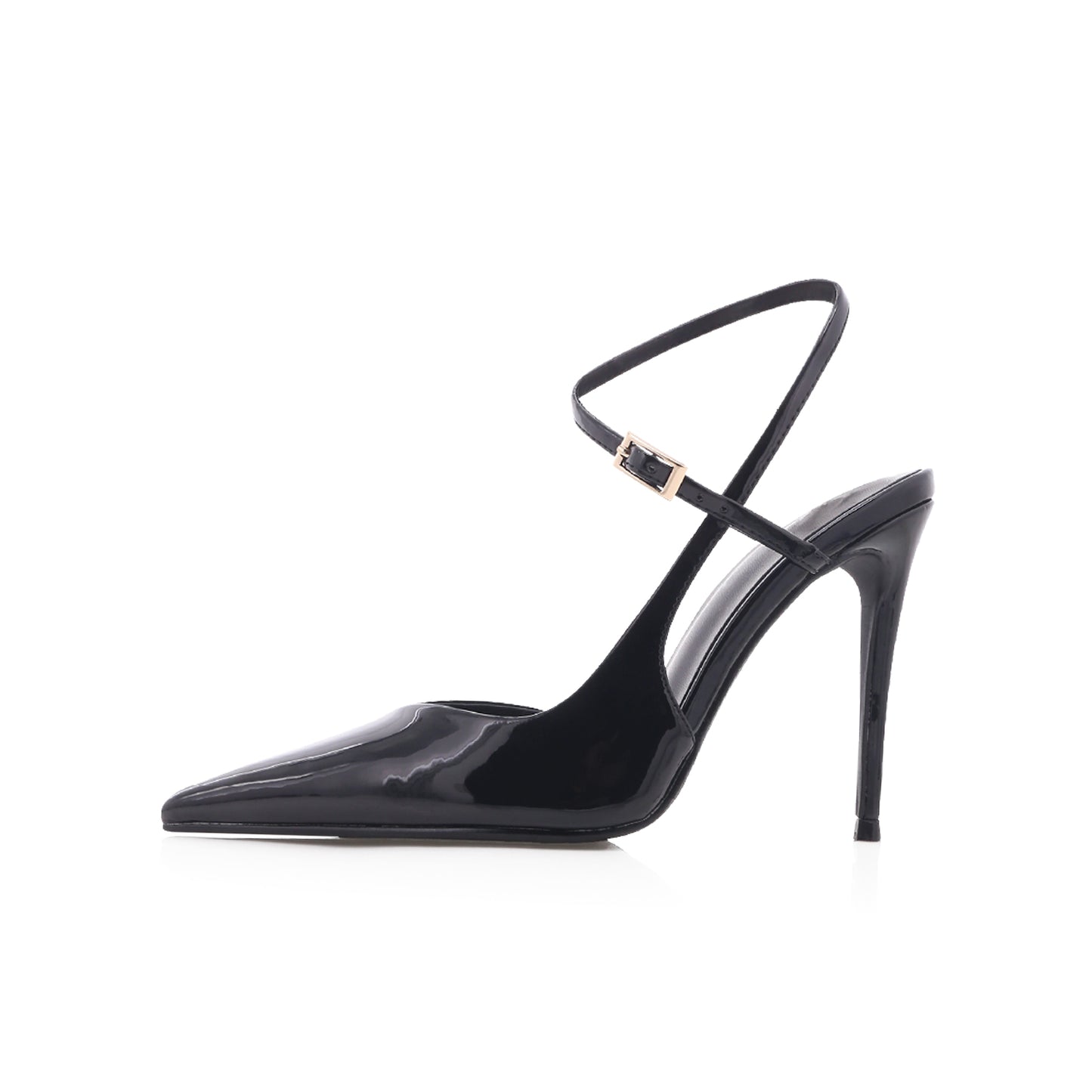 Patent Black Pointed-Toe Adjustable Buckle Ankle Strap High Heels