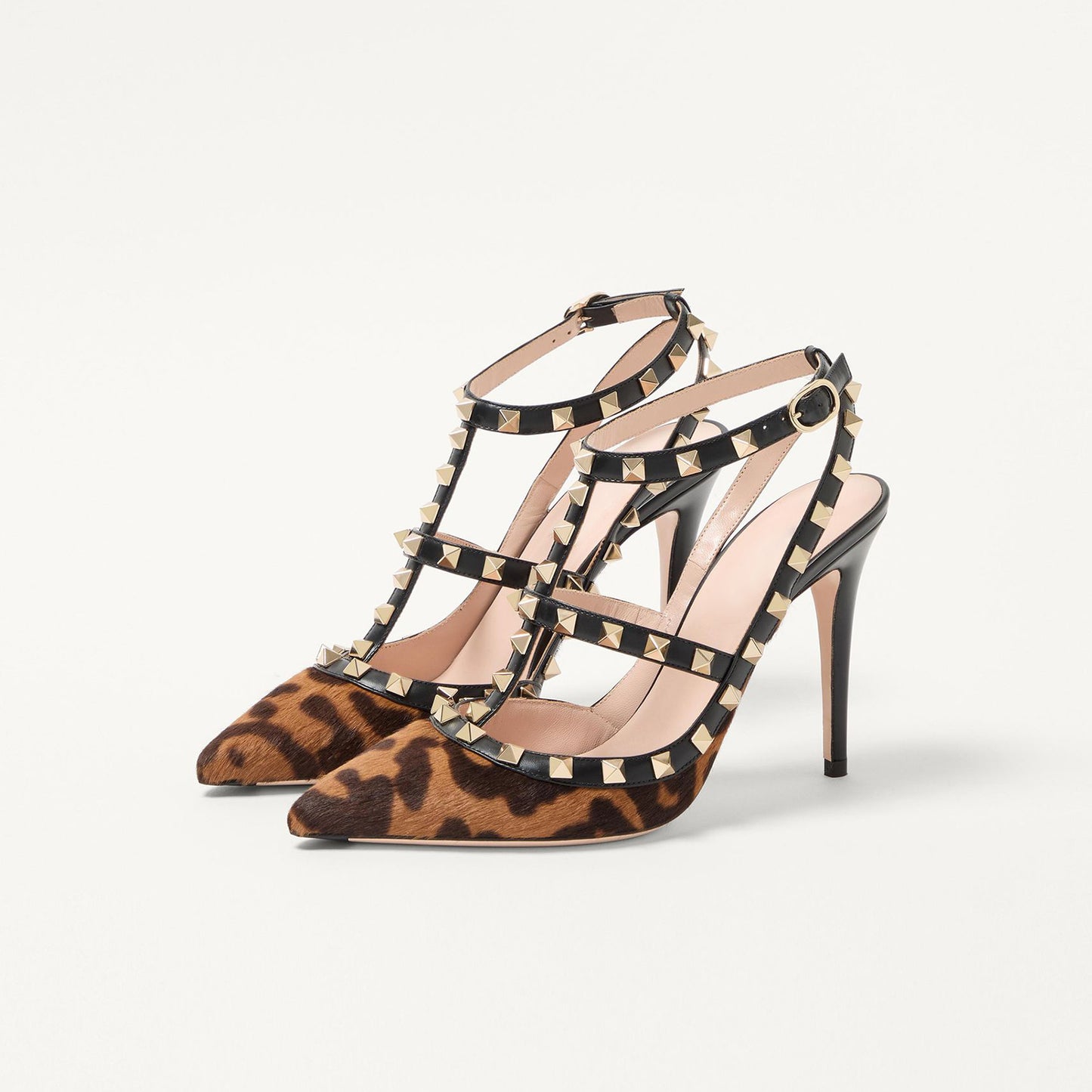 Leopard Pointed-Toe Studded Strappy Slingback High Heels