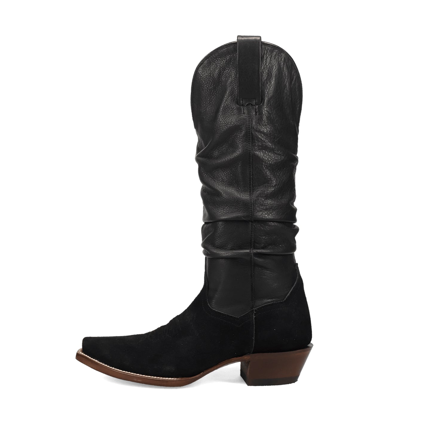 Black Contrast Vegan Leather And Faux Suede Snip-Toe Slouch Chic Mid Calf Cowgirl Boots