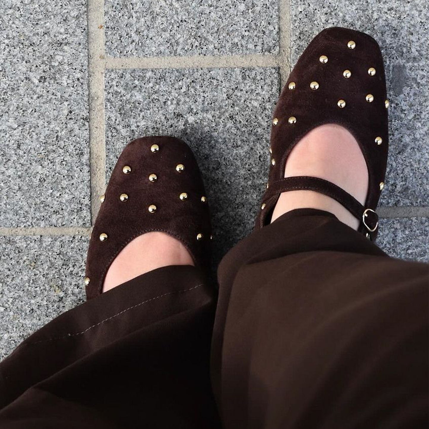 Brown Faux Suede Square-Toe Studs And Mary Jane Ballet Flats