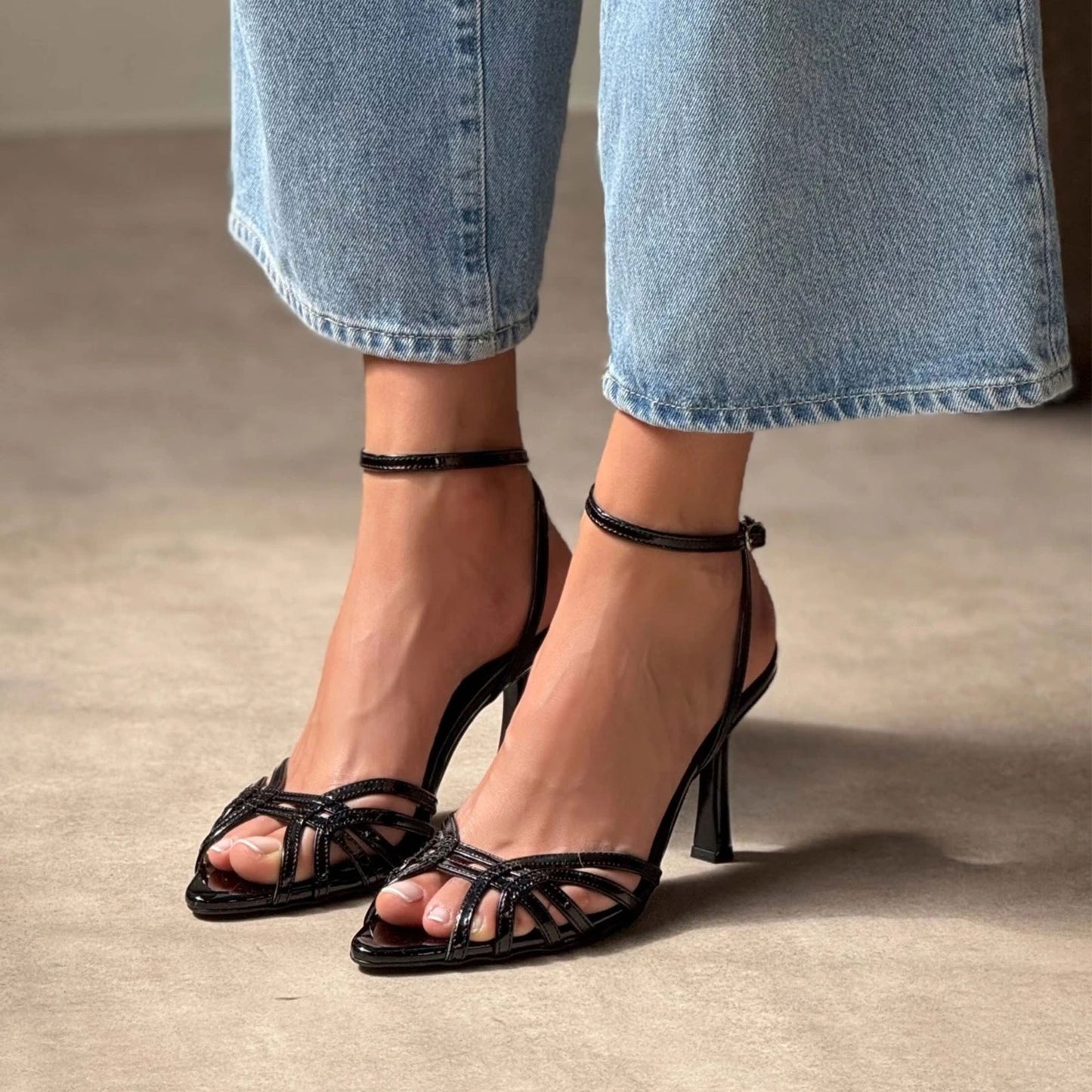 Patent Black Pointed-Toe Strappy Back And Ankle Strap High Heels