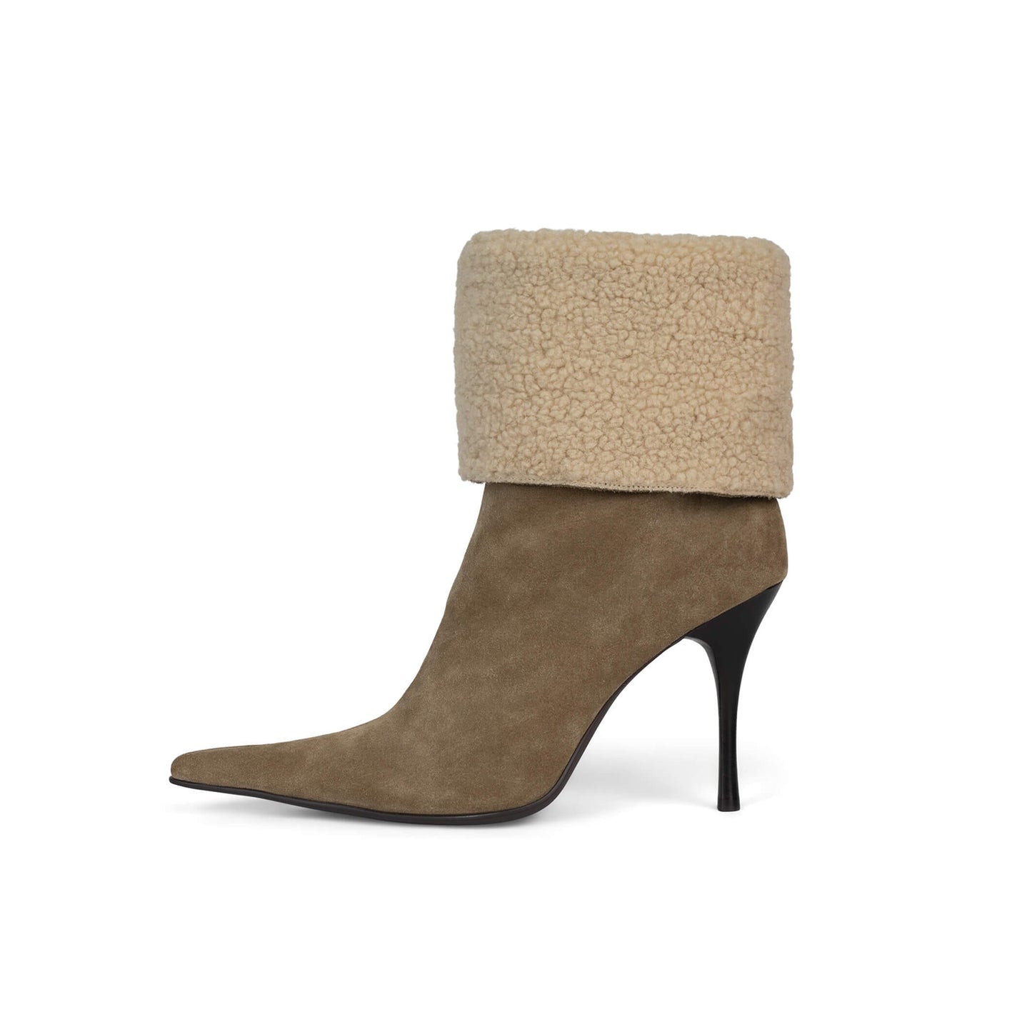 Camel Faux Suede And Plush Pointed-Toe Full-Zip Ankle Stiletto Boots