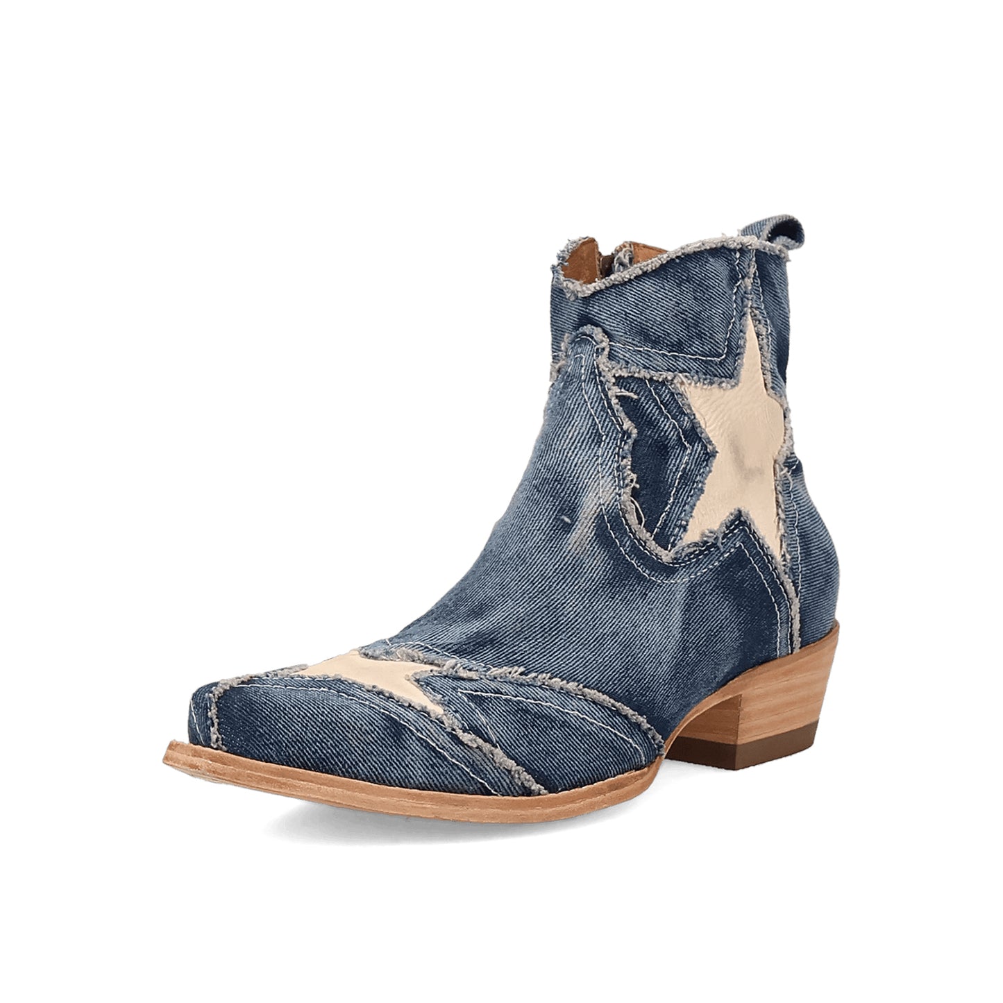 Blue Denim Snip-Toe Vegan Leather Star Inlay Full-Zip Ankle Cowgirl Boots