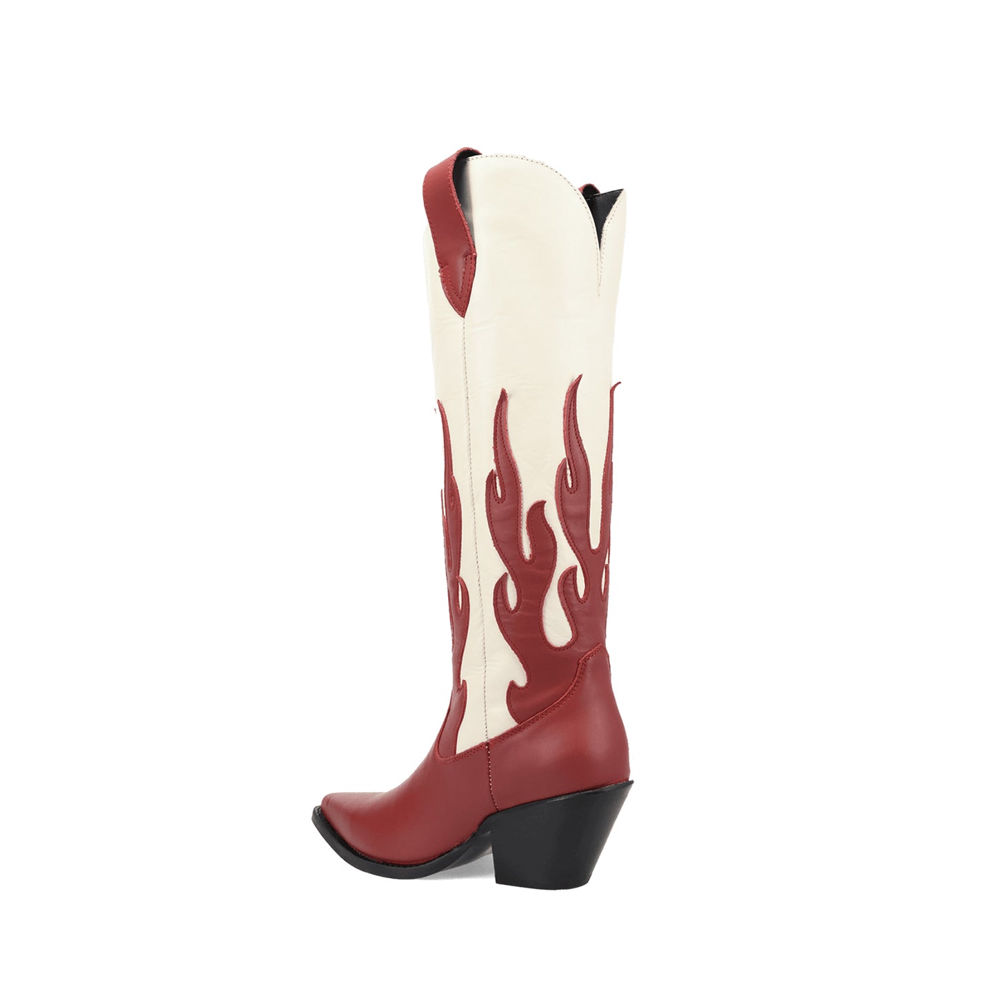 Contrast Red And Ivory Pointed-Toe Flame Appliques Wide Calf Knee High Cowgirl Boots