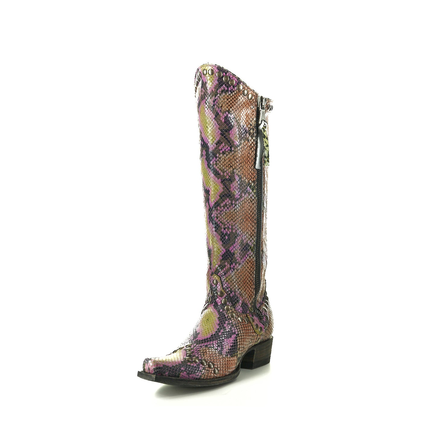 Snakeskin Print Snip-Toe Studs Detail Full-Zip Mid Calf Cowgirl Boots