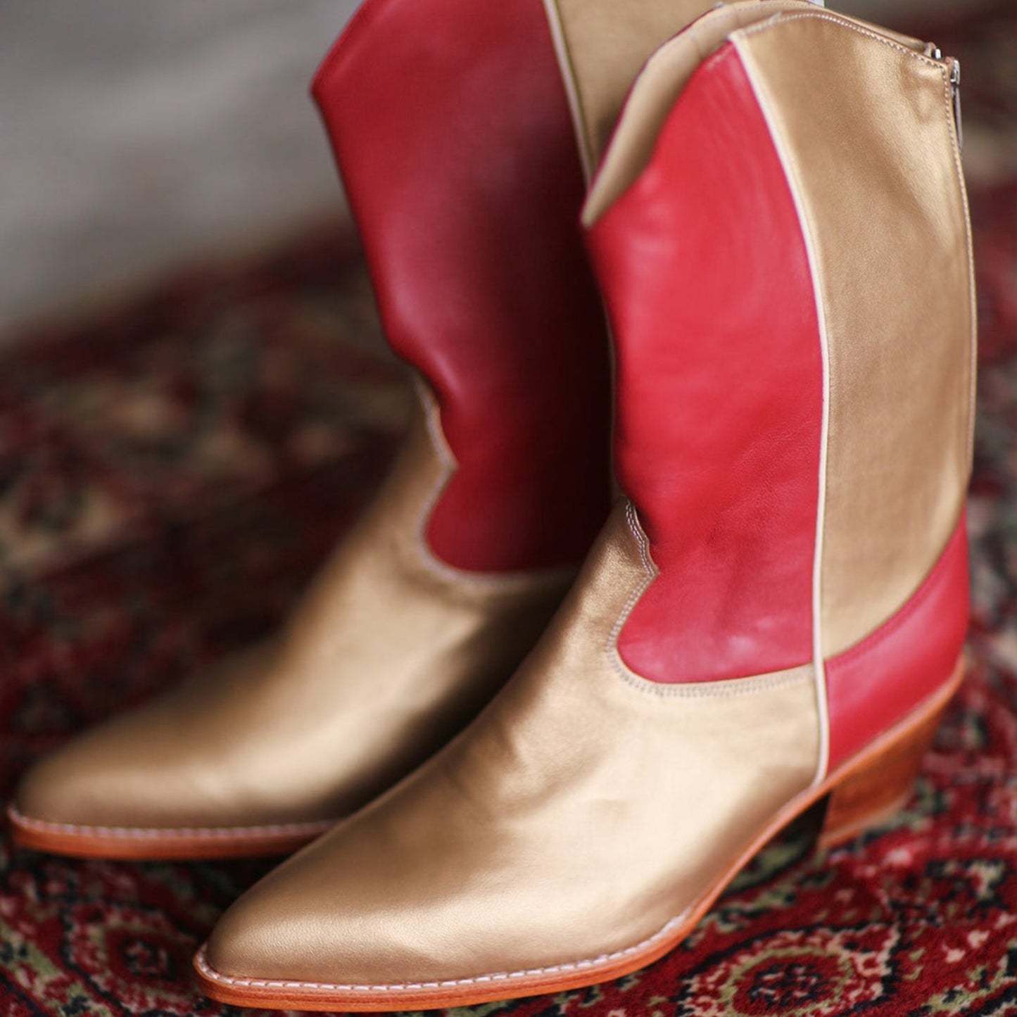 Gold And Red Almond-Toe Simple Back Full-Zip Mid Calf Cowgirl Boots