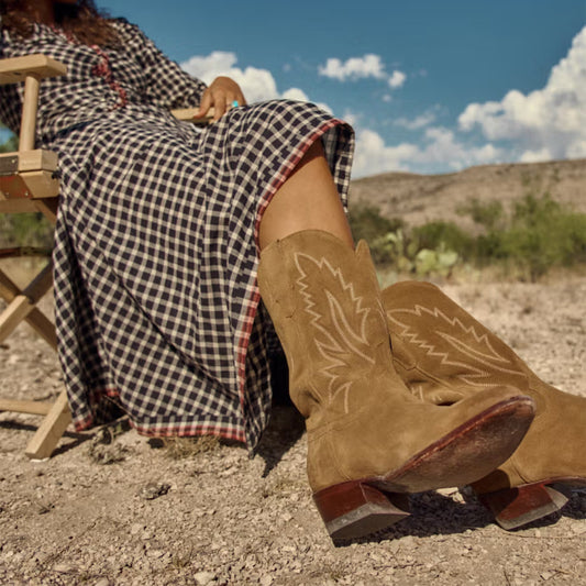 Caramel Faux Suede Almond-Toe Embroidery Mid Calf Cowgirl Boots