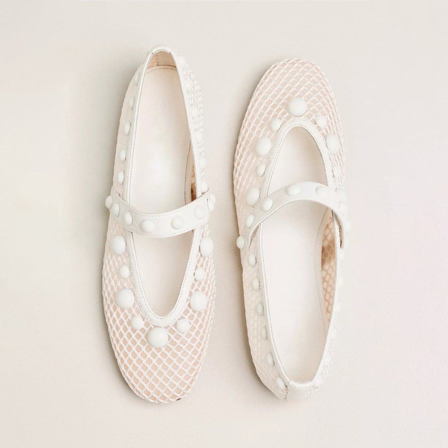 White Mesh Square-Toe Studs And Mary Jane Ballet Flats
