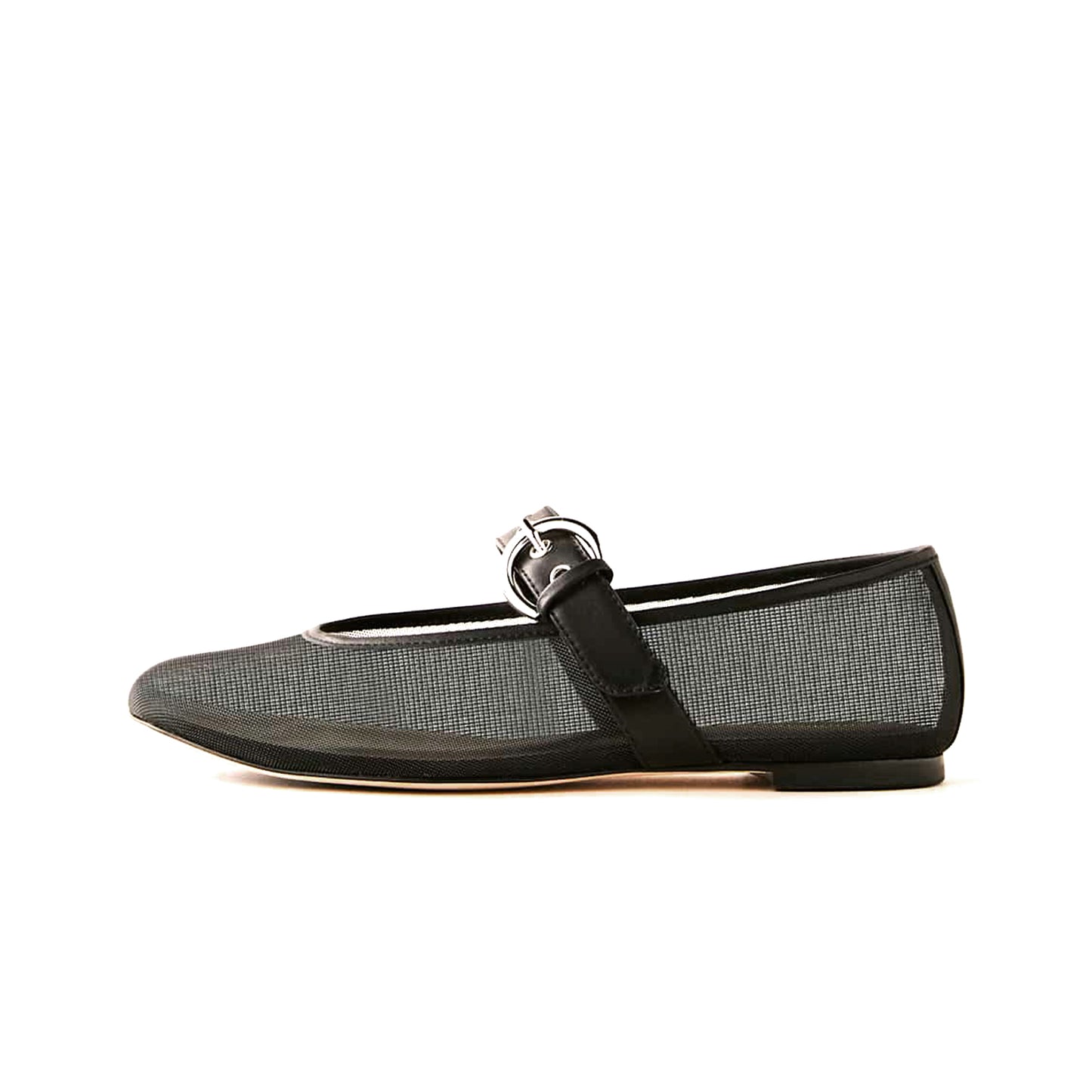 Black Mesh Square-Toe Classic Buckle Bridge Strap Ballet Flats