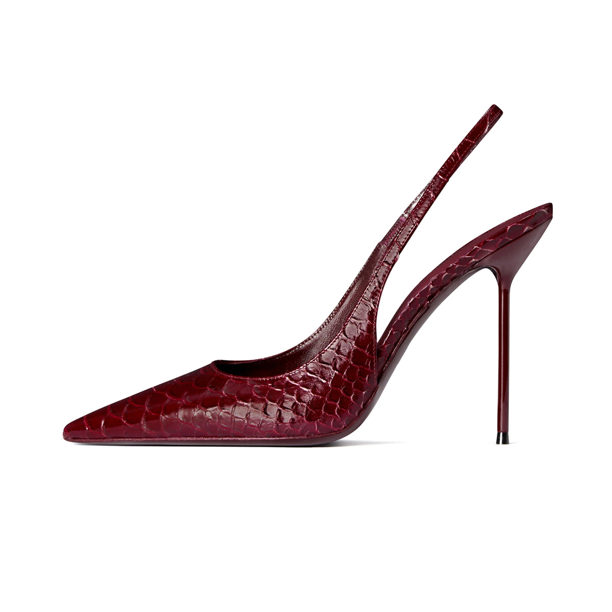 Dark Red Snakeskin Pattern Pointed-Toe Slingback Pumps High Heels