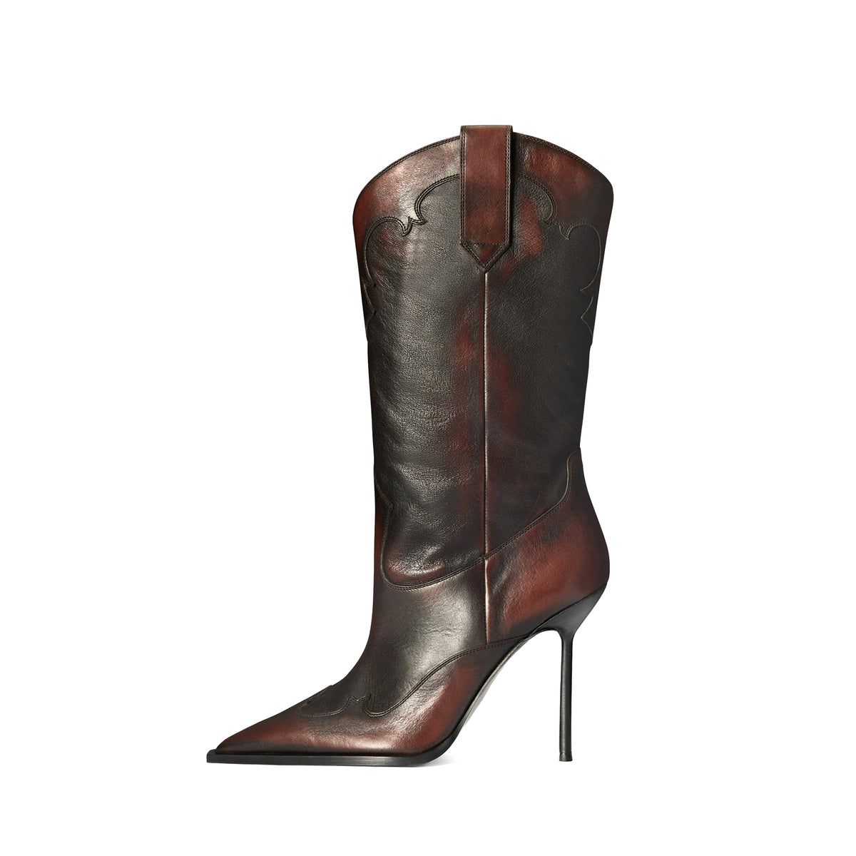 Dark Tan Pointed-Toe Sleek Slip-On Mid Calf Stiletto Boots