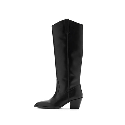 Black Vegan Leather Almond-Toe Simple Wide Calf Knee High Cowgirl Boots