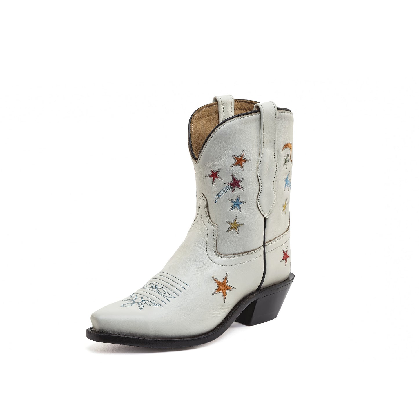 White Snip-Toe Moon Stars Embroidery Ankle Cowgirl Boots
