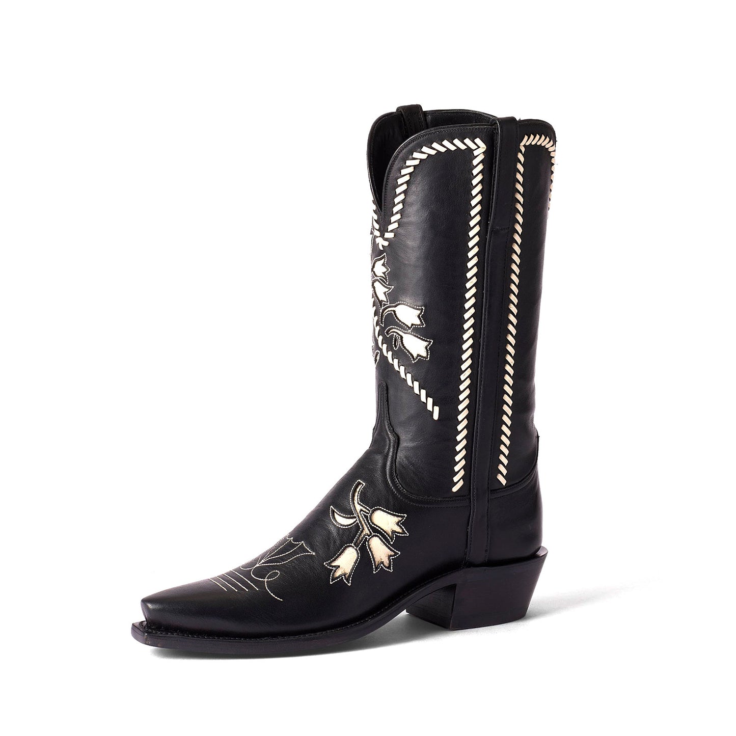 Black Snip-Toe Little Tulips Inlay And Running Stitch Mid Calf Cowgirl Boots