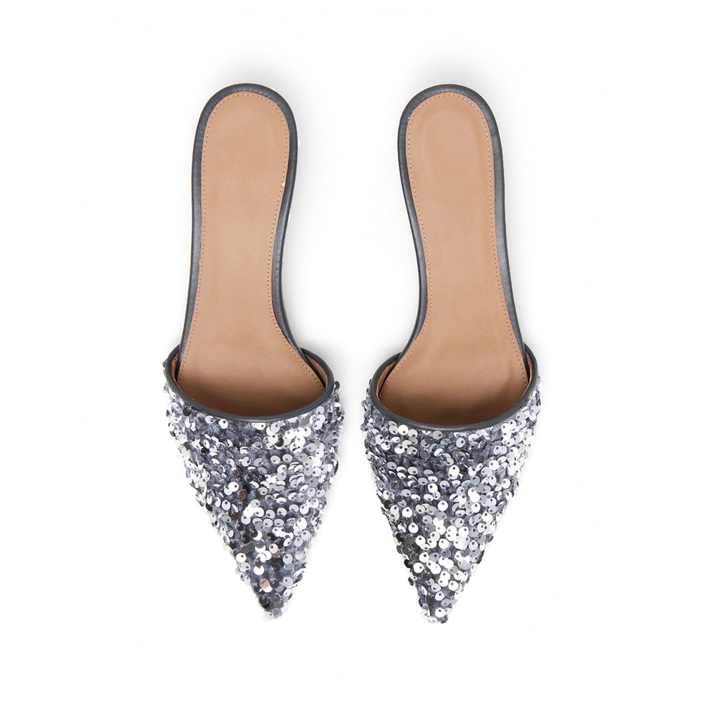 Gray Velvet Pointed-Toe Slip-On Full Sequin Backless Kitten Heels