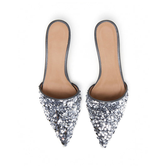 Gray Velvet Pointed-Toe Slip-On Full Sequin Backless Kitten Heels