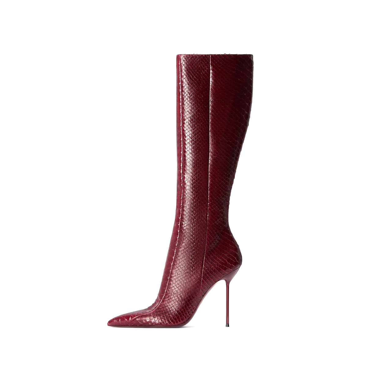 Red Snakeskin Pattern Chic Pointed-Toe Simple Full-Zip Knee High Stiletto Boots