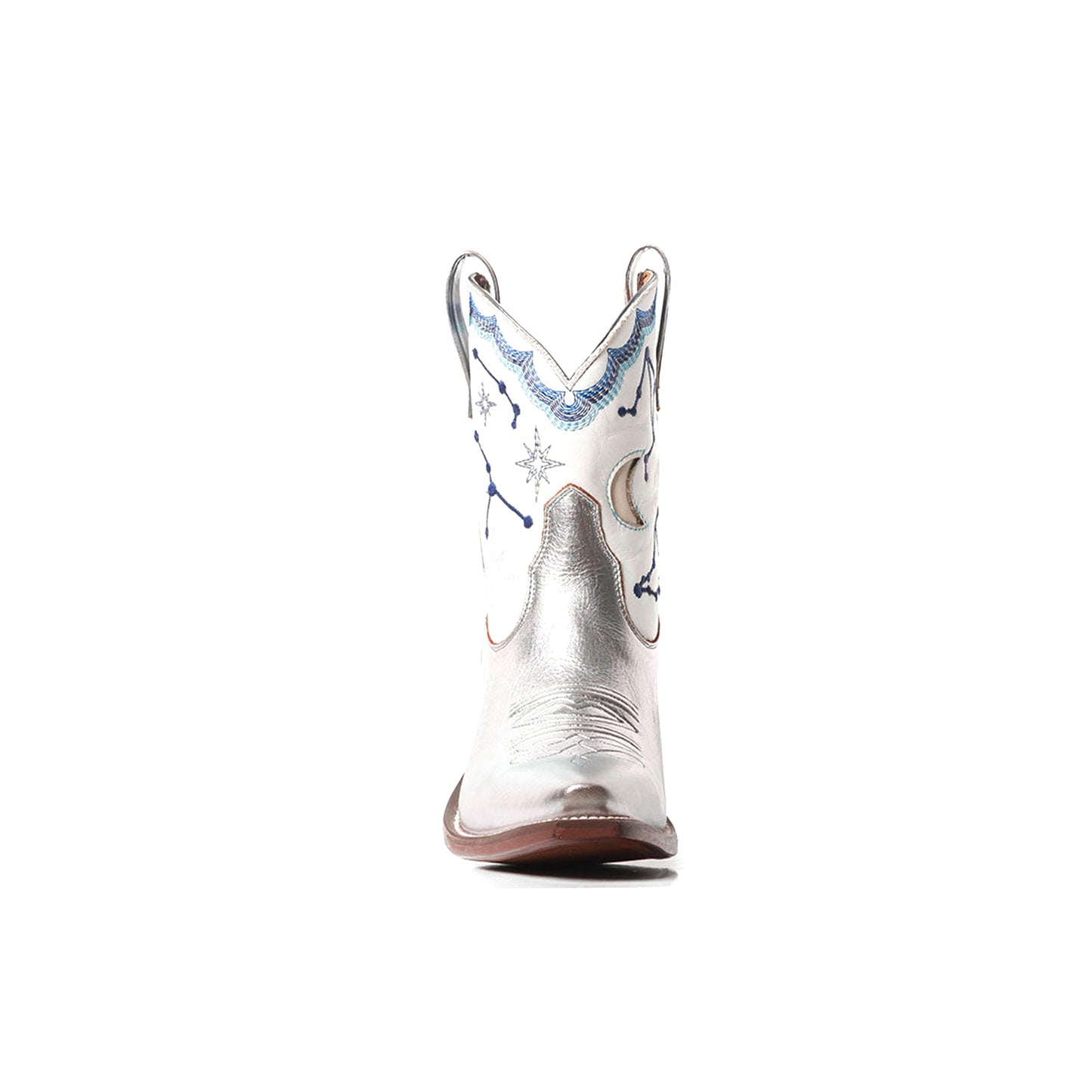 Contrast White And Metallic Silver Snip-Toe Cosmic Embroidery Moon Inlay Ankle Cowgirl Boots