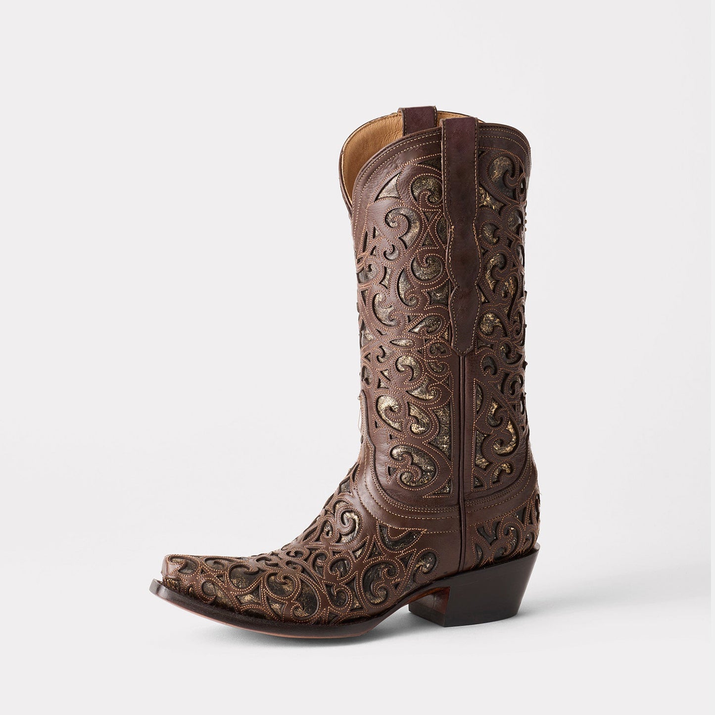 Coffee Snip-Toe Metallic Silver Inlays Chic Mid Calf Cowgirl Boots