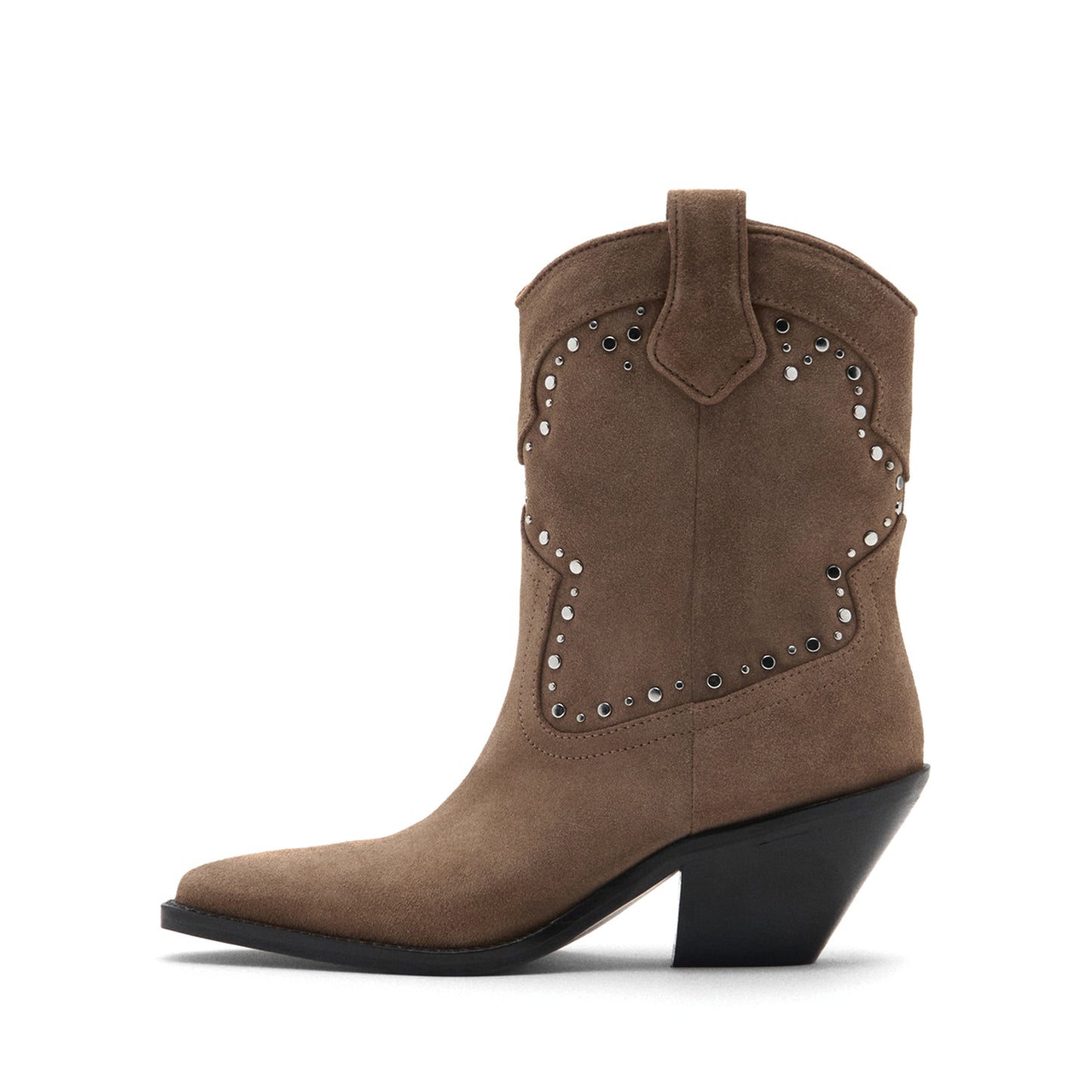 Dark Sand Faux Suede Pointed-Toe Studded Chic Ankle Cowgirl Boots