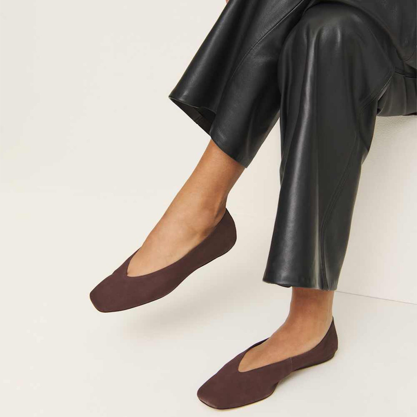 Coffee Faux Suede Square-Toe Classic Ballet Slip-On Flats