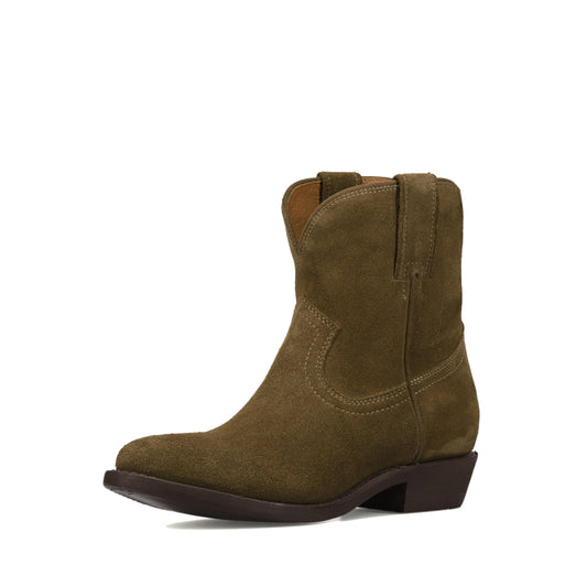 Moss Green Faux Suede Round-Toe Simple Slip-On Ankle Cowgirl Boots