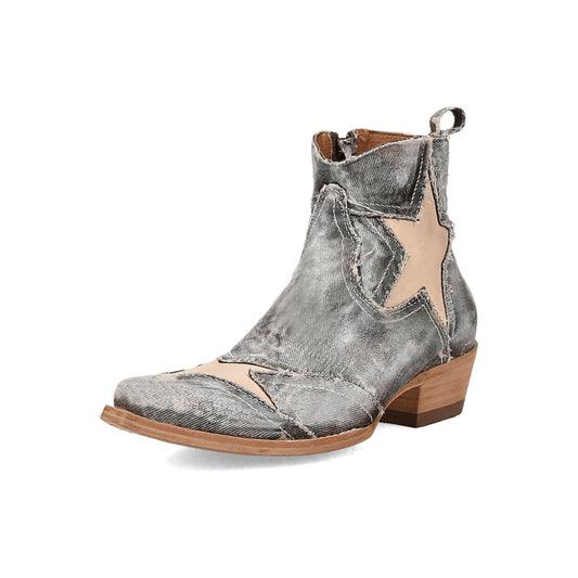 Gray Denim Snip-Toe Vegan Leather Star Inlay Full-Zip Ankle Cowgirl Boots