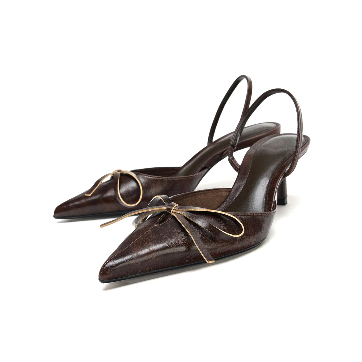 Brown Pointed-Toe Front Big Bow Simple Slingback Kitten Heels