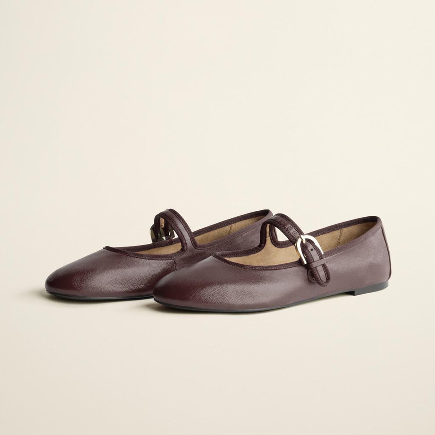 Brown Round-Toe Simple Buckle Middle Strap Chic Ballet Flats