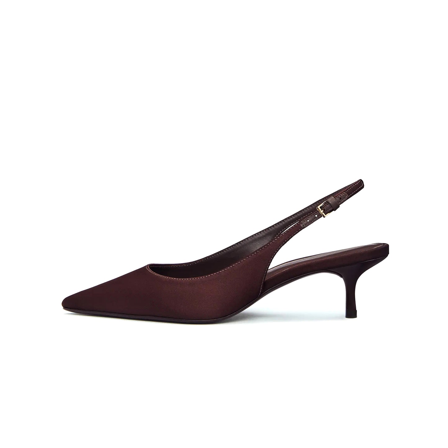 Coffee Satin Pointed-Toe Classic Kitten Heels With Slingback