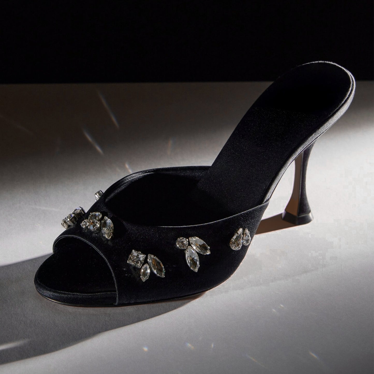 Black Satin Peep Round-Toe Front Crystals Slip-On Backless High Heels
