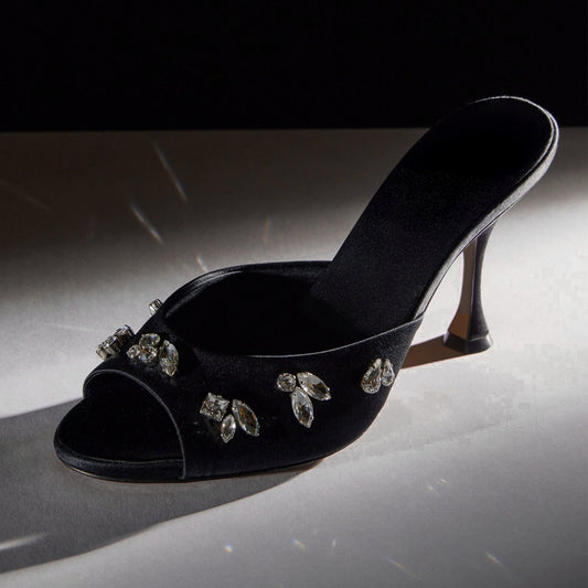Black Satin Peep Round-Toe Front Crystals Slip-On Backless High Heels