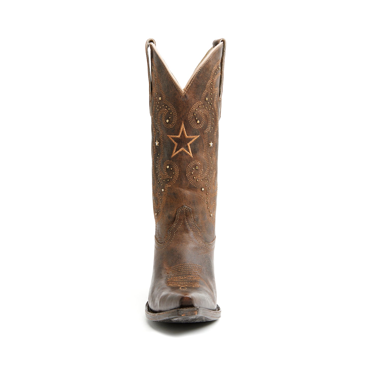 Distreseed Brown Snip-Toe Star Embroidery And Studs Mid Calf Cowgirl Boots