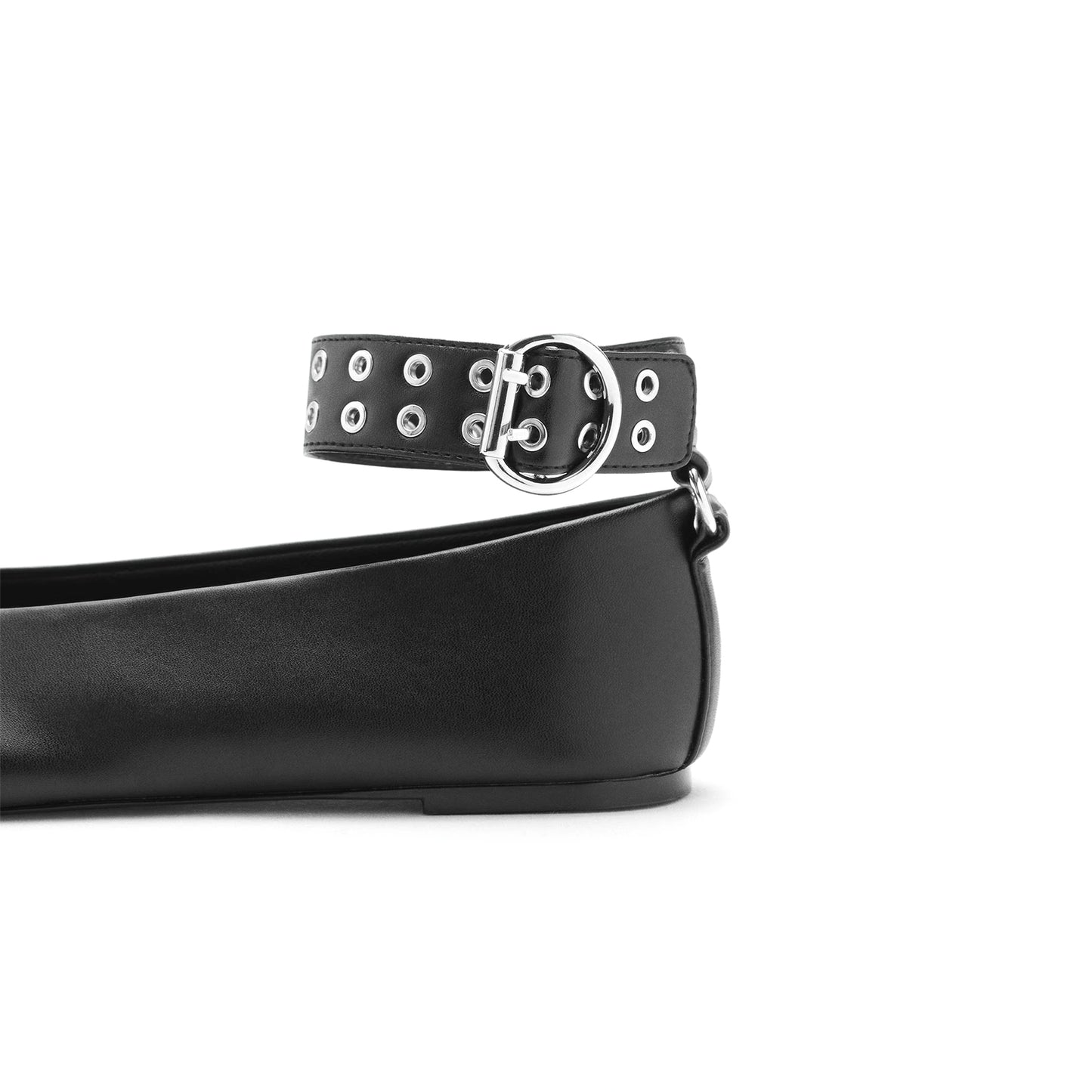 Black Round-Toe Eyelet Straps Ballet Flats.