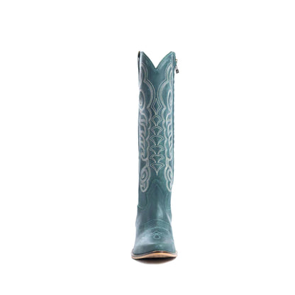 Turquoise Almond-Toe Curled Embroidery Full-Zip Knee High Cowgirl Boots