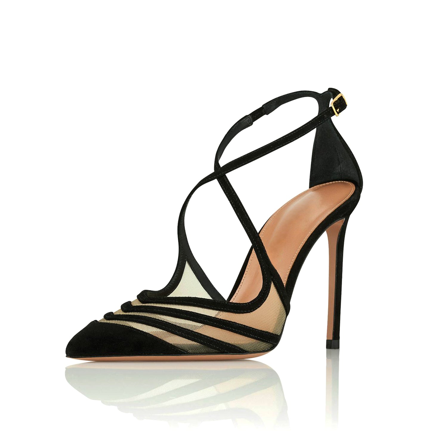 Black Contrast Mesh And Faux Suede Pointed-Toe Crossed Straps High Heels