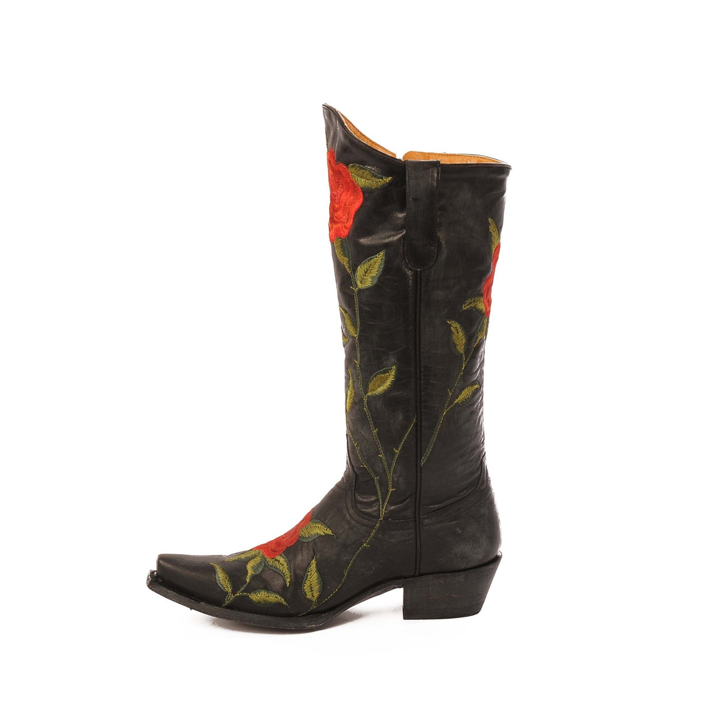 Black Snip-Toe Big Red Florals Embroidery Full-Zip Mid Calf Classic Cowgirl Boots