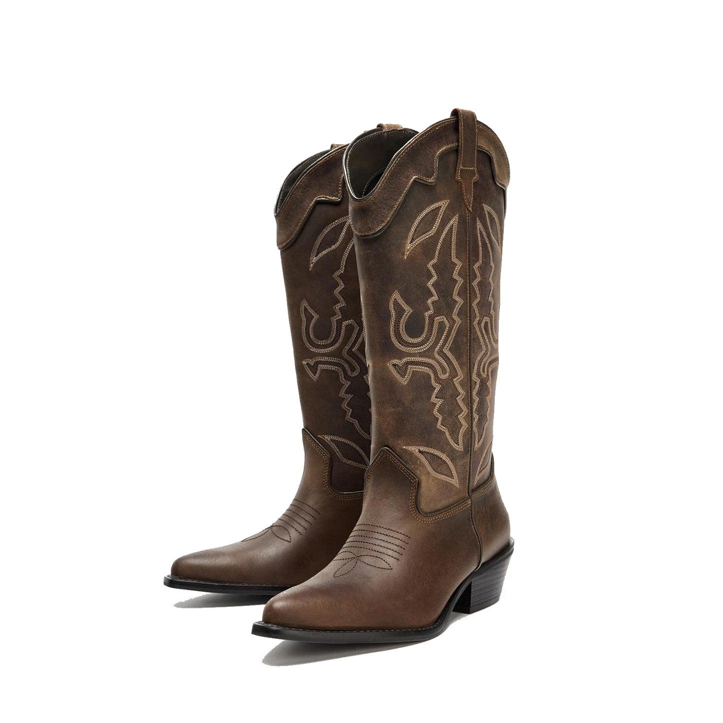 Brown Almond-Toe Stylish Embroidery Mid Calf Cowgirl Boots