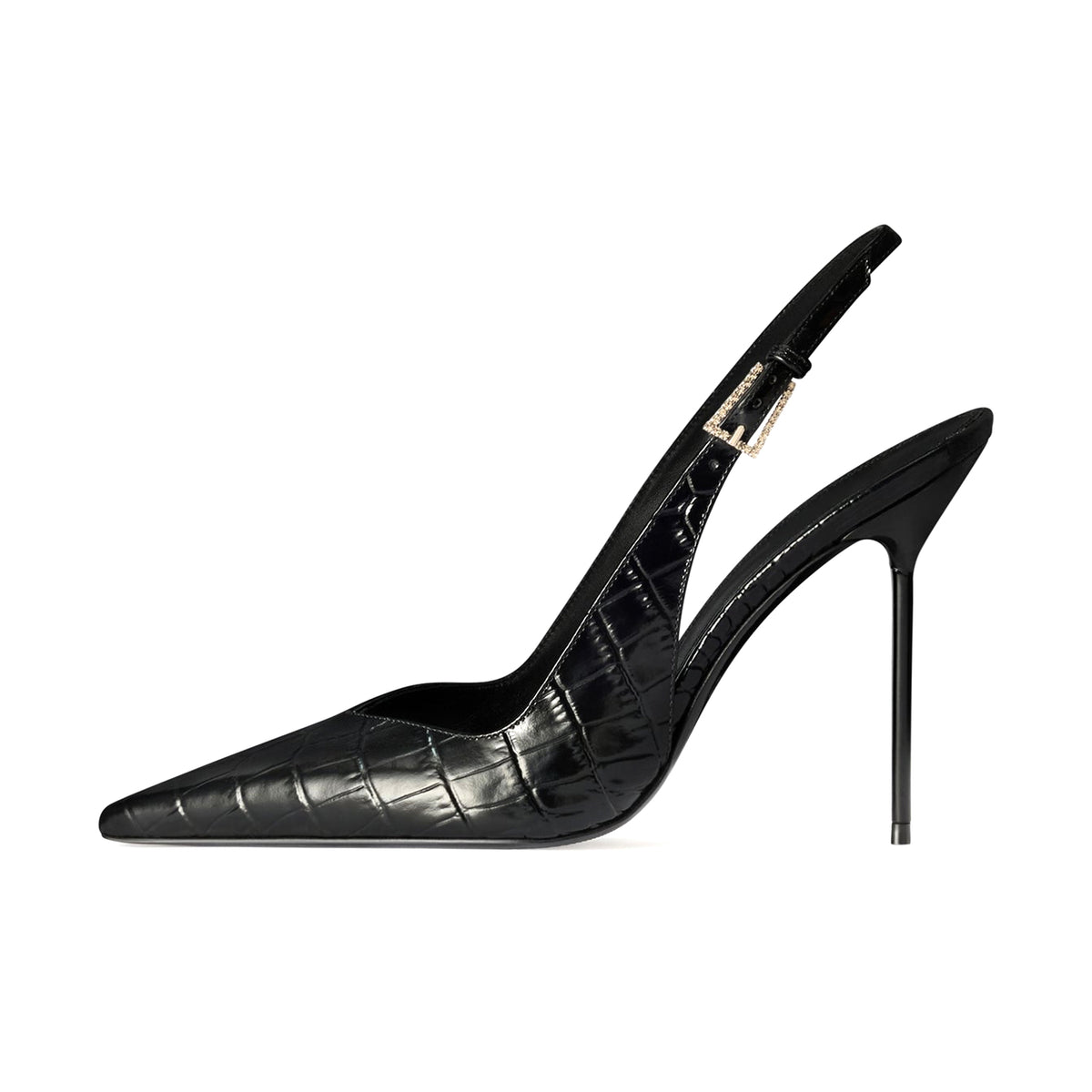 Ebony Stone Pattern Pointed-Toe Classic Buckle Back Strap Pumps High Heels