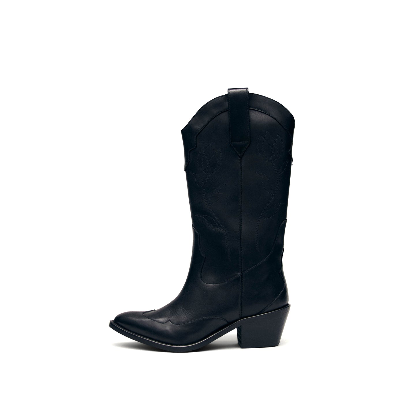 Black Pointed-Toe Tulip Embroidery Mid Calf Cowgirl Boots