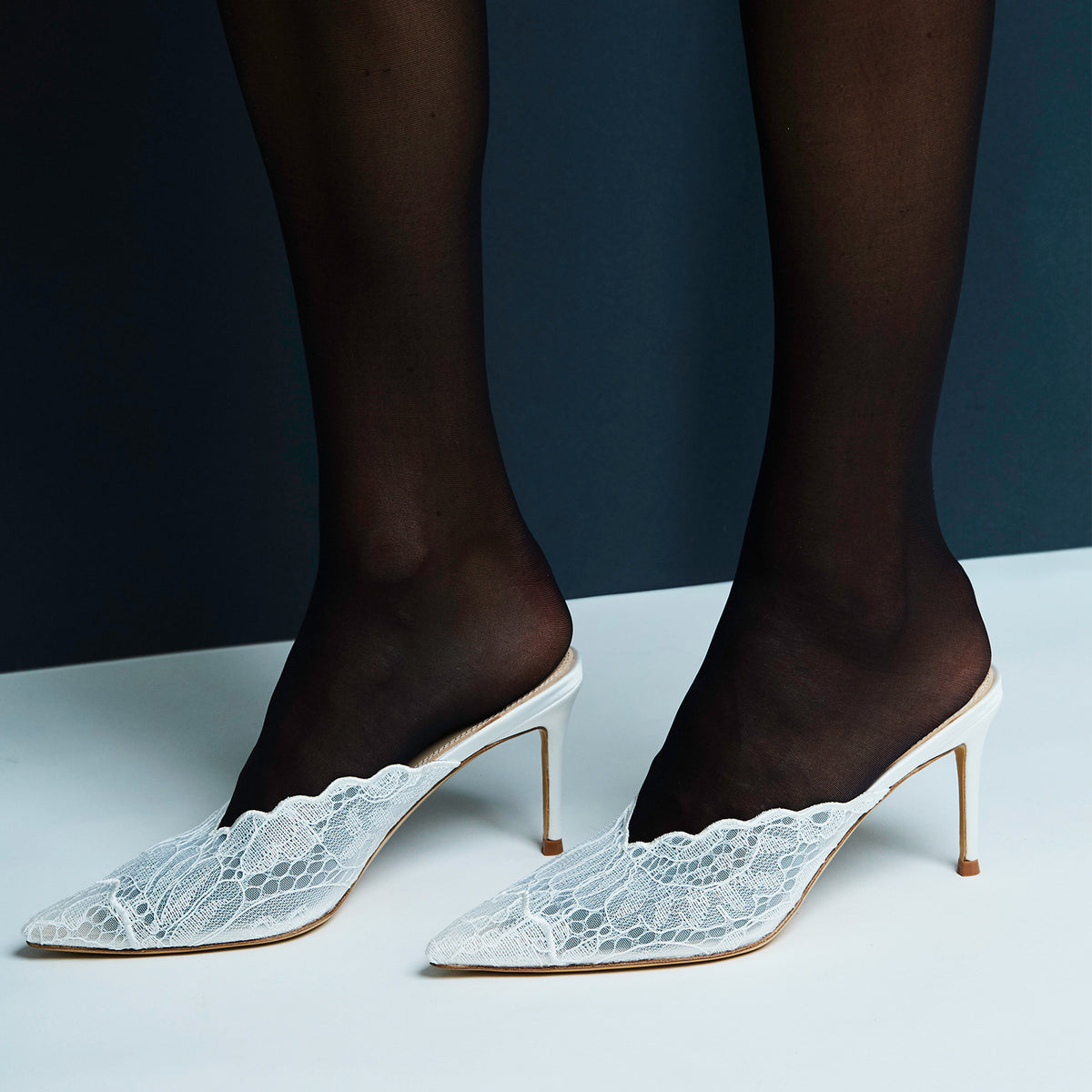 White Lace Mesh Pointed-Toe Backless Simple High Heels