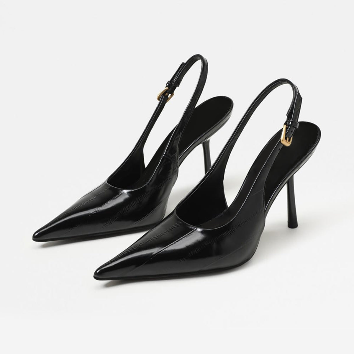 Black Eel Pattern Vegan Leather Pointed-Toe Back Strap Chic High Heels Pumps