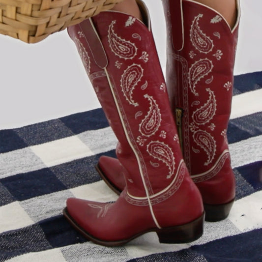 Red Snip-Toe Paisley Embroidery Half-Zip Knee High Cowgirl Boots